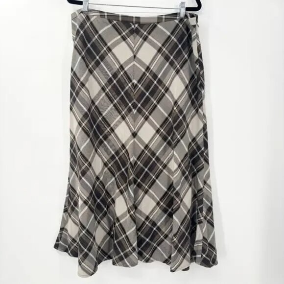 Lane Bryant Plaid A-Line Skirt Plus Brown White Ruffle Hem Below Knee, Size 16 - Picture 1 of 4